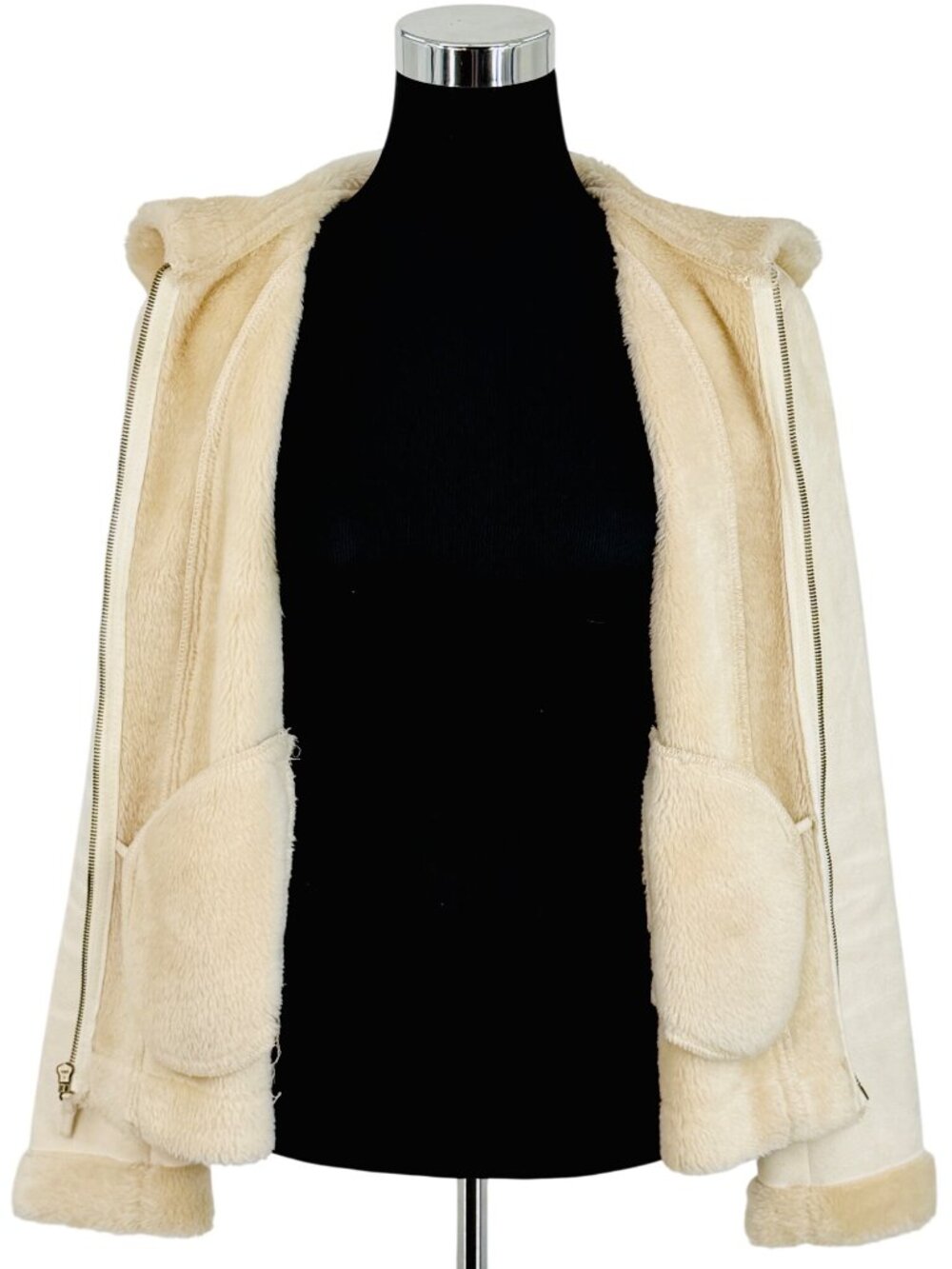 Vintage Hydraulic Hooded Cream Faux Suede & Fur Penny Lane Coat L Y2K 90s Grunge - Picture 15 of 16